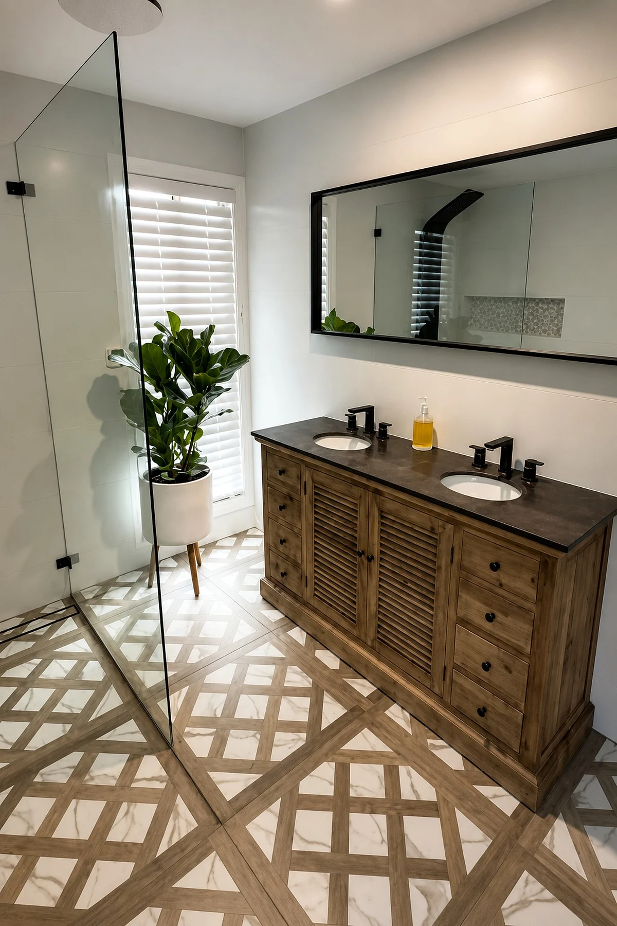 Patterned tiled bathroom completed by D.J.R Waterproofing & Tiling